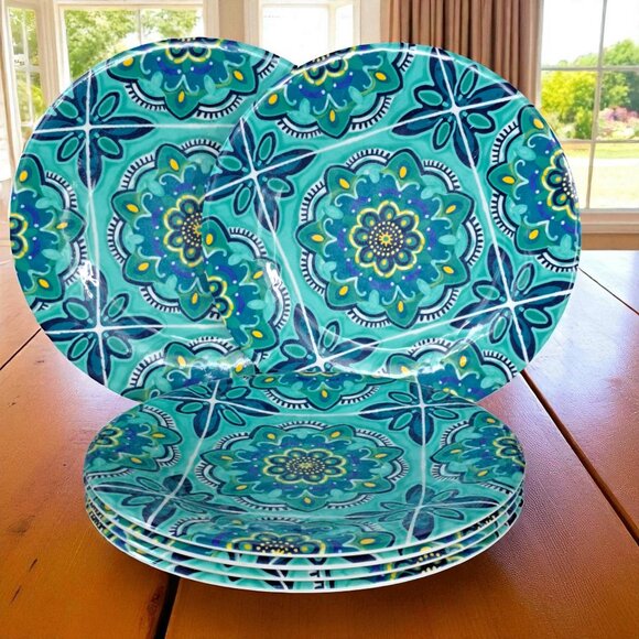 Gorgeous Set Of 6 Teal Blue Floral Tile Melamine Dinner Plates Large 11" Spring - Picture 1 of 5